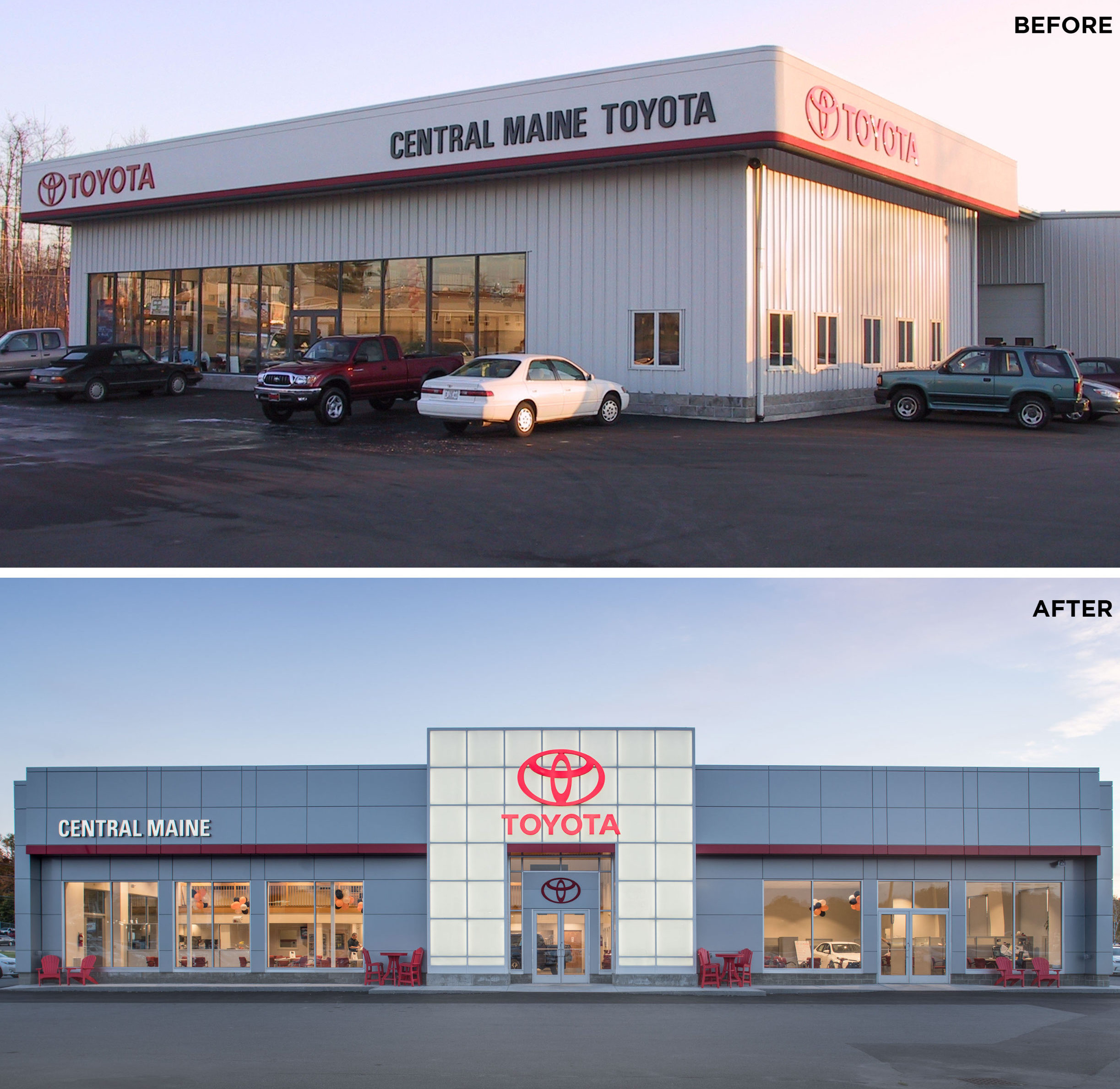 Before-and-after comparison of a Toyota dealership building. The top image shows an older white metal building with minimal architectural detailing and large front windows. The bottom image shows the updated dealership with a modern gray facade, illuminated central Toyota logo feature, expanded glass storefront, and contemporary exterior design.