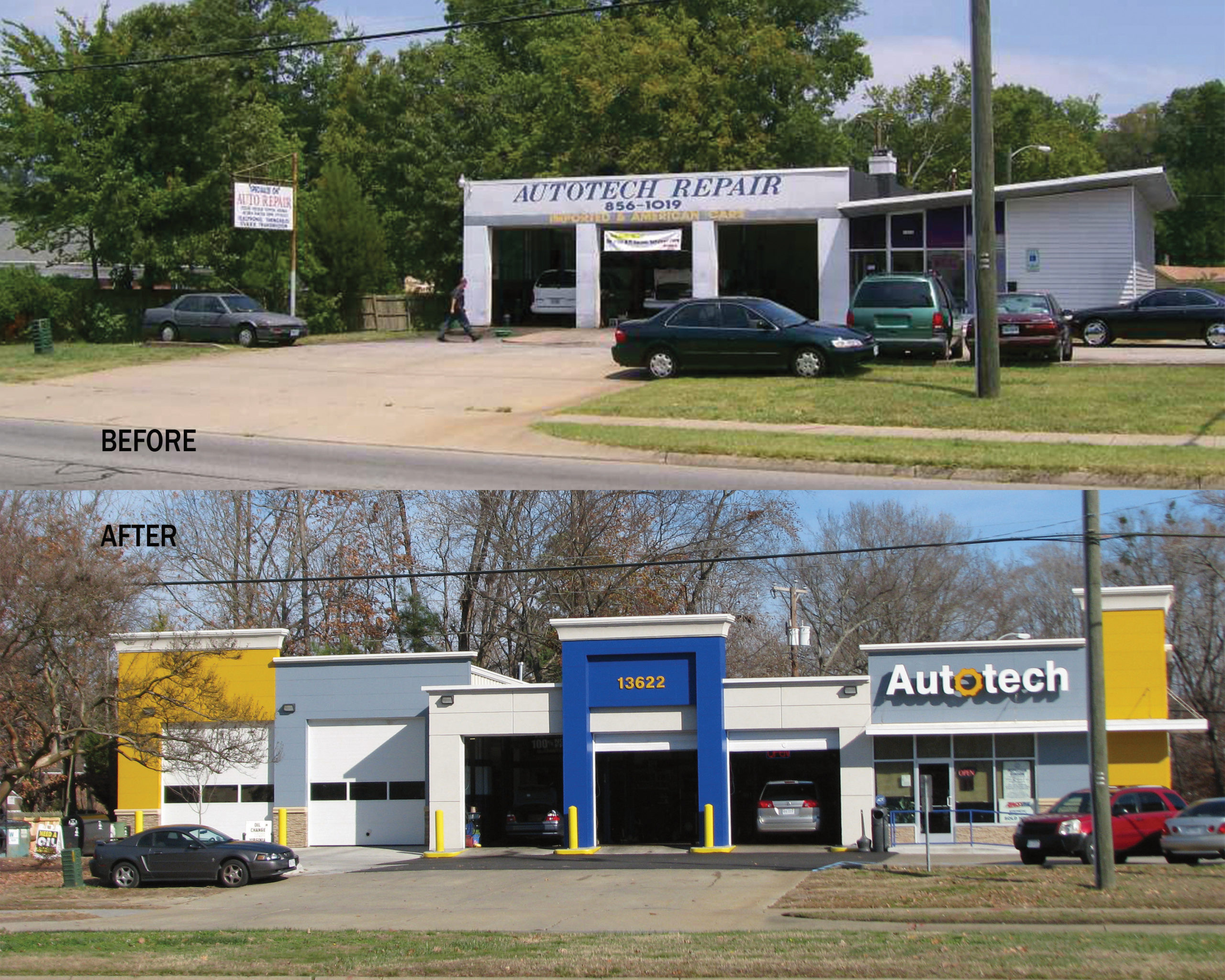 Side-by-side before-and-after images of an auto repair shop. The top image shows an older white building with simple signage and open service bays, while the bottom image shows a renovated modern facade with bold blue and yellow accents, updated signage reading “Autotech,” new garage doors, and improved storefront design.
