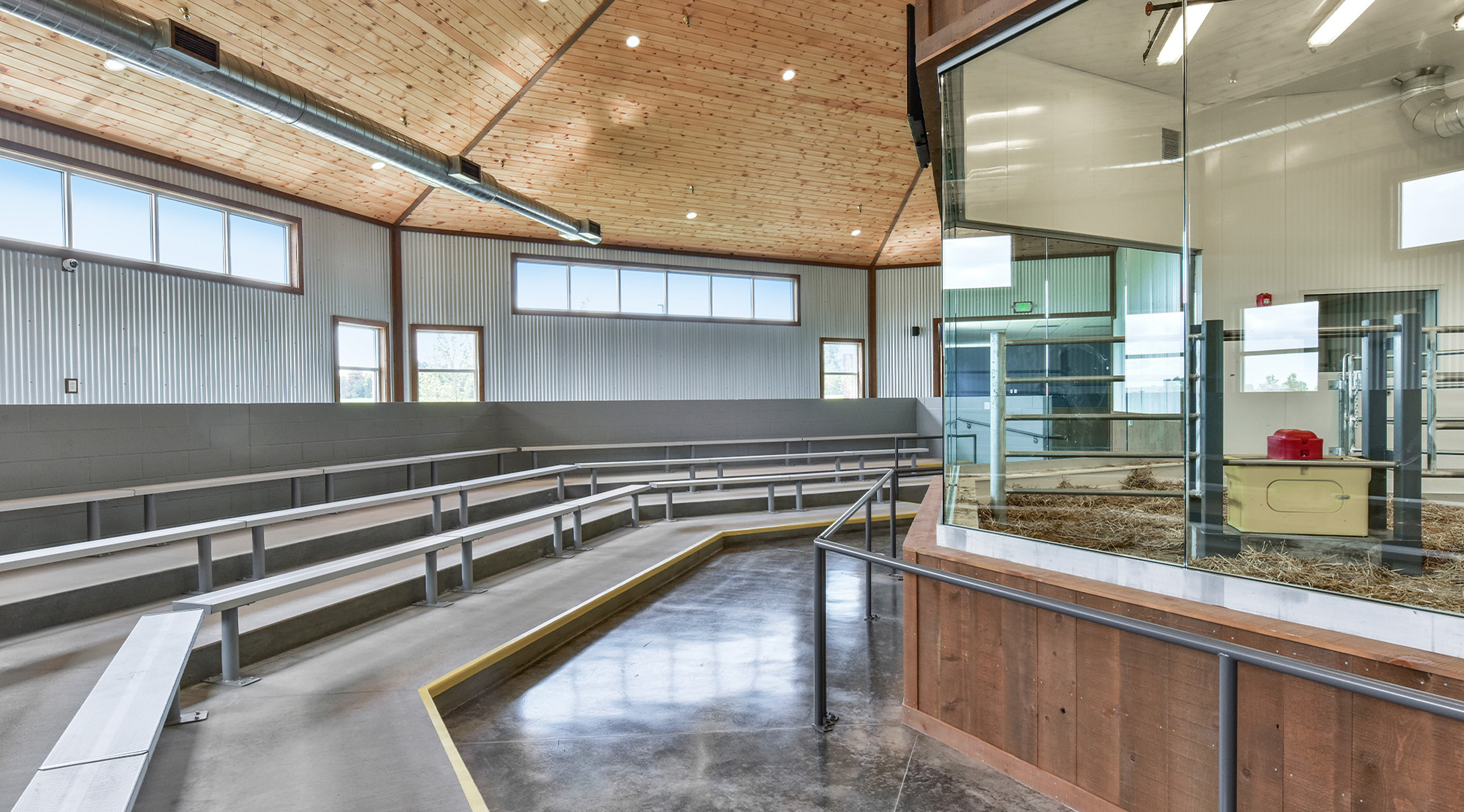 Modern livestock and agricultural facility interior with tiered viewing seating, wood-paneled ceiling and glass-enclosed observation area overlooking an open event space.