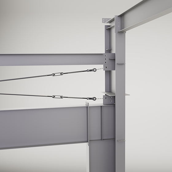 Close-up structural bracing render with integrated steel framing, tension rod connections and reinforced beam-to-column support detailing.