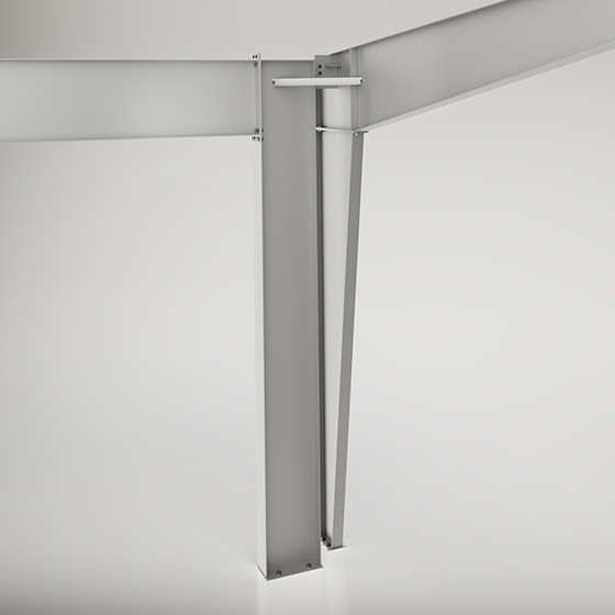 Portal frame structural render showing tapered steel column and beam connection engineered for clear-span building support systems.