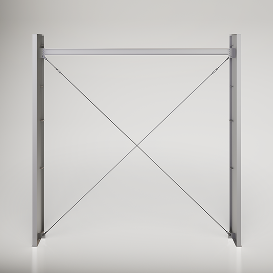 Structural rod and angle bracing render illustrating cross-braced steel framing designed to reinforce lateral stability within an engineered building system.