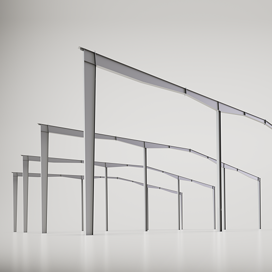 Continuous beam structural render illustrating multi-span steel framing engineered to distribute loads efficiently while supporting flexible building layouts and open interior spaces.