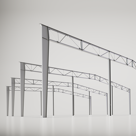 Continuous truss structural render illustrating multi-span open-web steel framing engineered to optimize load distribution, maximize clear interior space and support flexible building configurations.