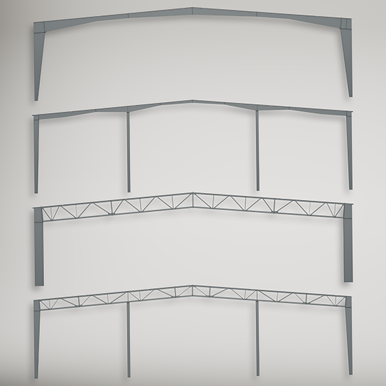 Primary framing comparison render featuring rigid frame, continuous beam, truss beam and continuous truss systems designed to support a wide range of building spans and performance requirements.