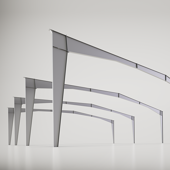 Rigid frame structural render illustrating tapered steel columns and rafters engineered to create efficient clear-span building systems with unobstructed interior space.