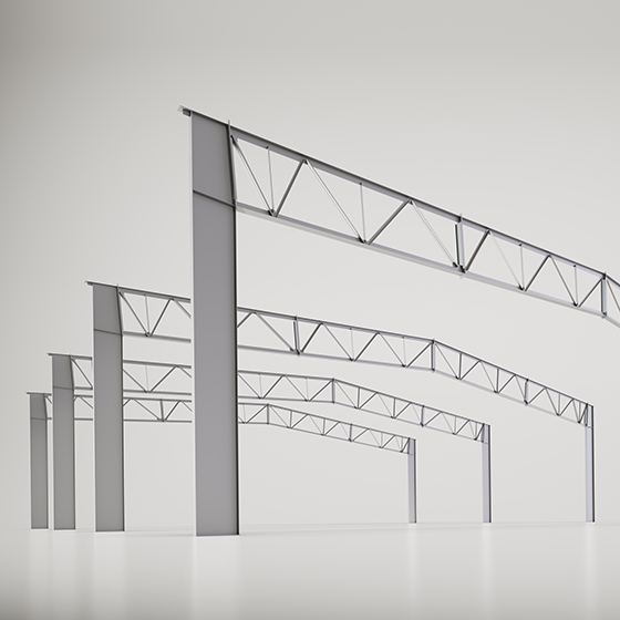 Truss beam structural render featuring open-web steel truss framing engineered to achieve long spans, efficient load distribution and flexible interior building layouts.