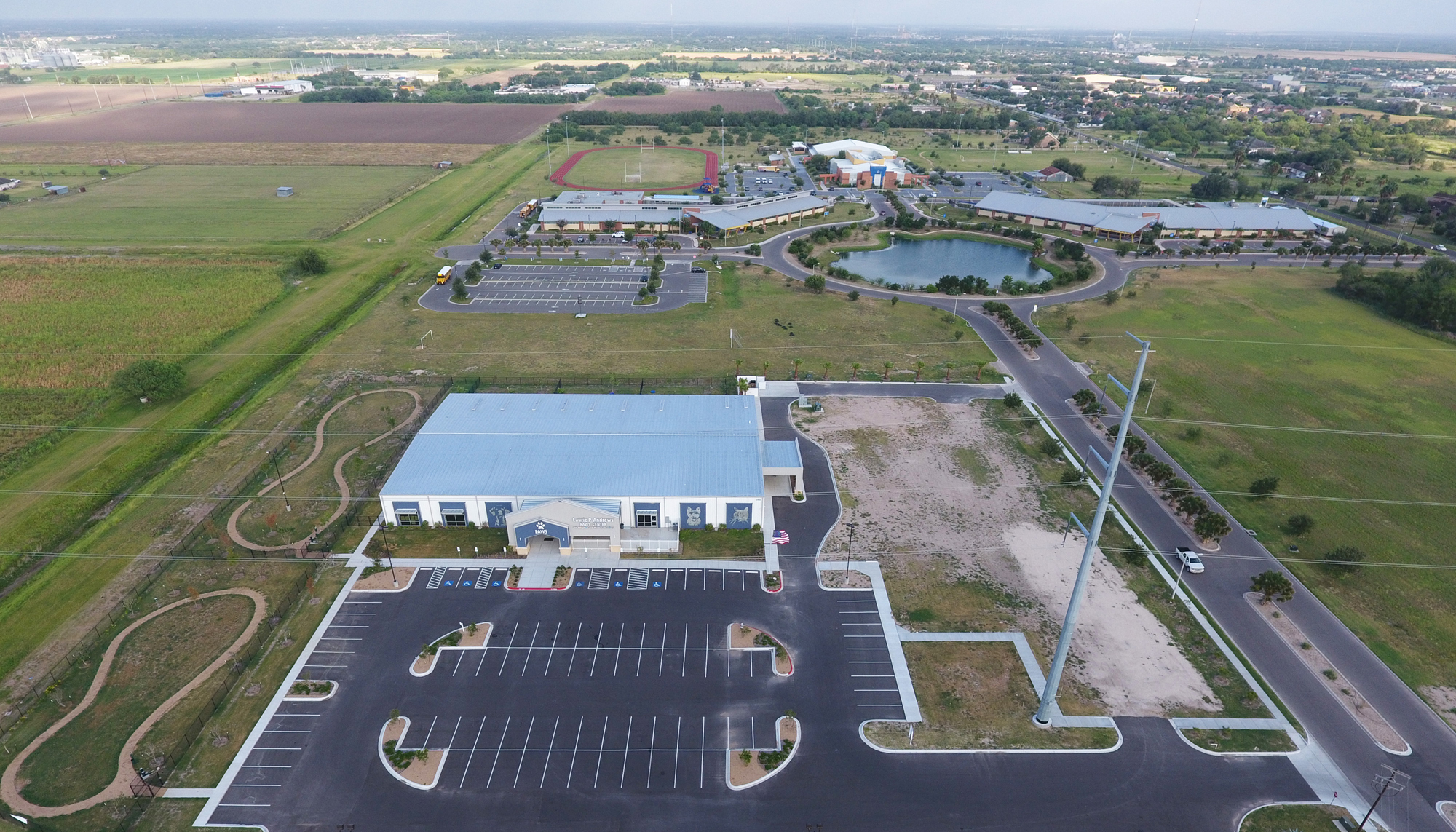 Aerial view of the Laurie P. Andrews Paws Center featuring integrated animal care, adoption and support facilities designed to improve shelter operations, community access and long-term organizational functionality.