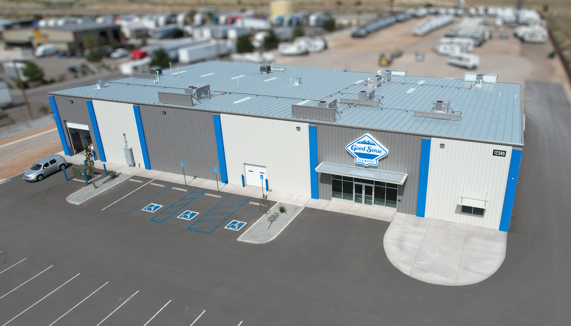 Aerial view of the Good Sense RV & Motors facility featuring integrated showroom, service and operational space.