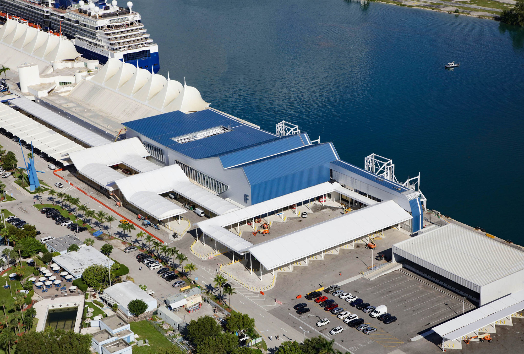 Passenger cruise terminal with steel building systems, waterfront operations and large-scale transportation facility design.