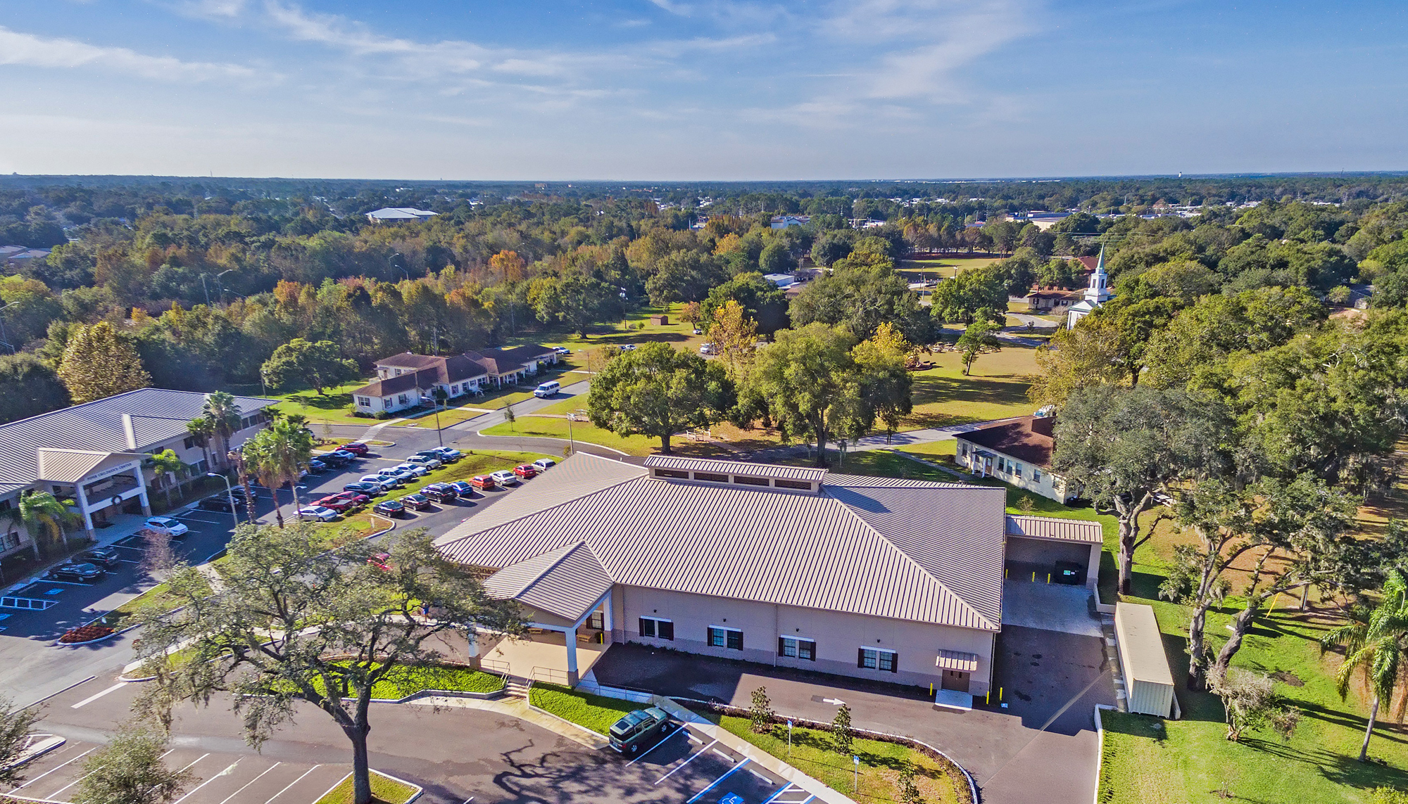 Aerial view of the Florida Baptist Children's Homes – H.C. Simmons Compassion Center featuring integrated warehousing, outreach and support facilities designed to improve donation distribution, operational coordination and community service delivery.