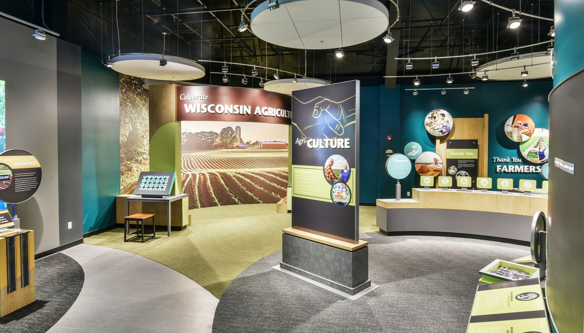 Agricultural education exhibit featuring interactive displays, visitor learning spaces and agricultural industry museum design.