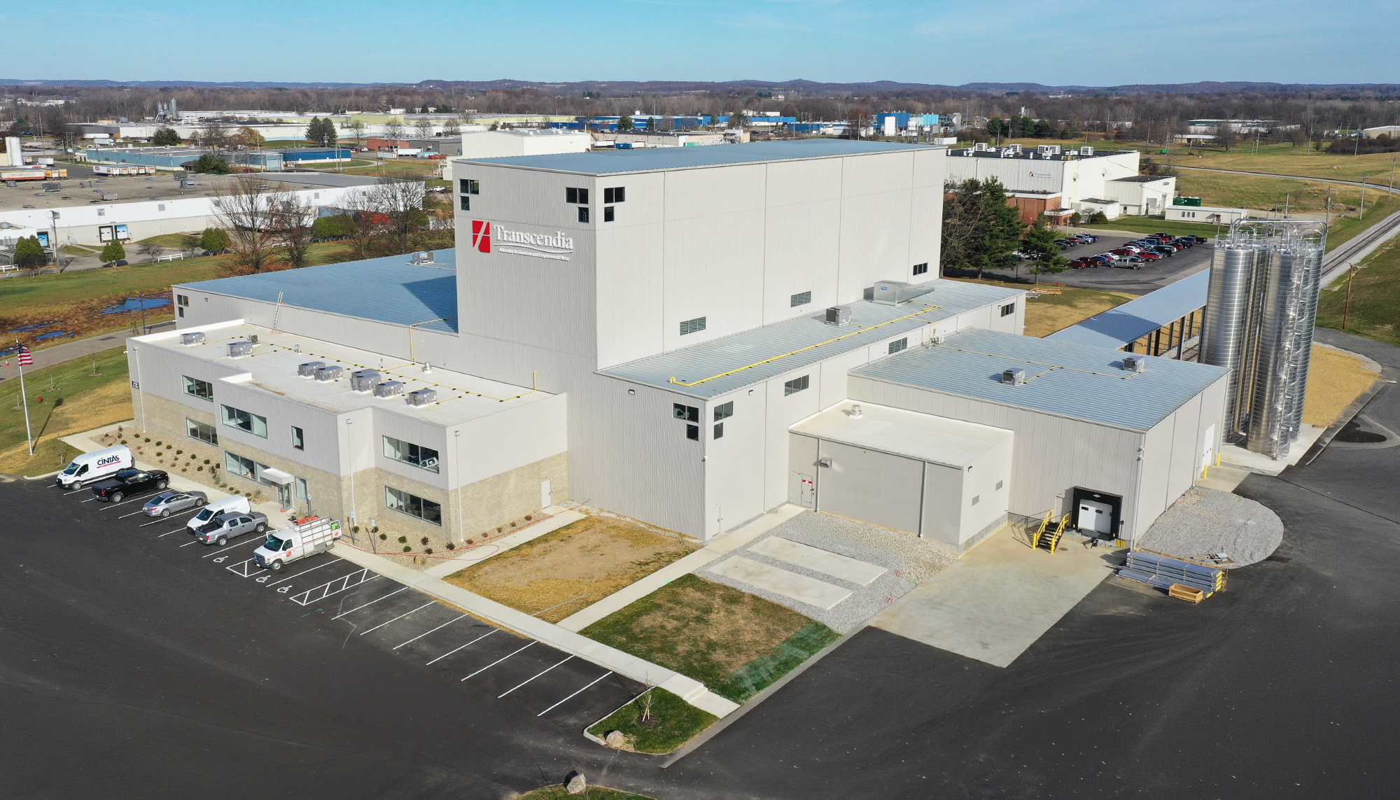 Aerial view of the Transcendia manufacturing facility featuring high-bay production space, integrated logistics access and coordinated operational areas designed to support specialized equipment and scalable manufacturing growth.