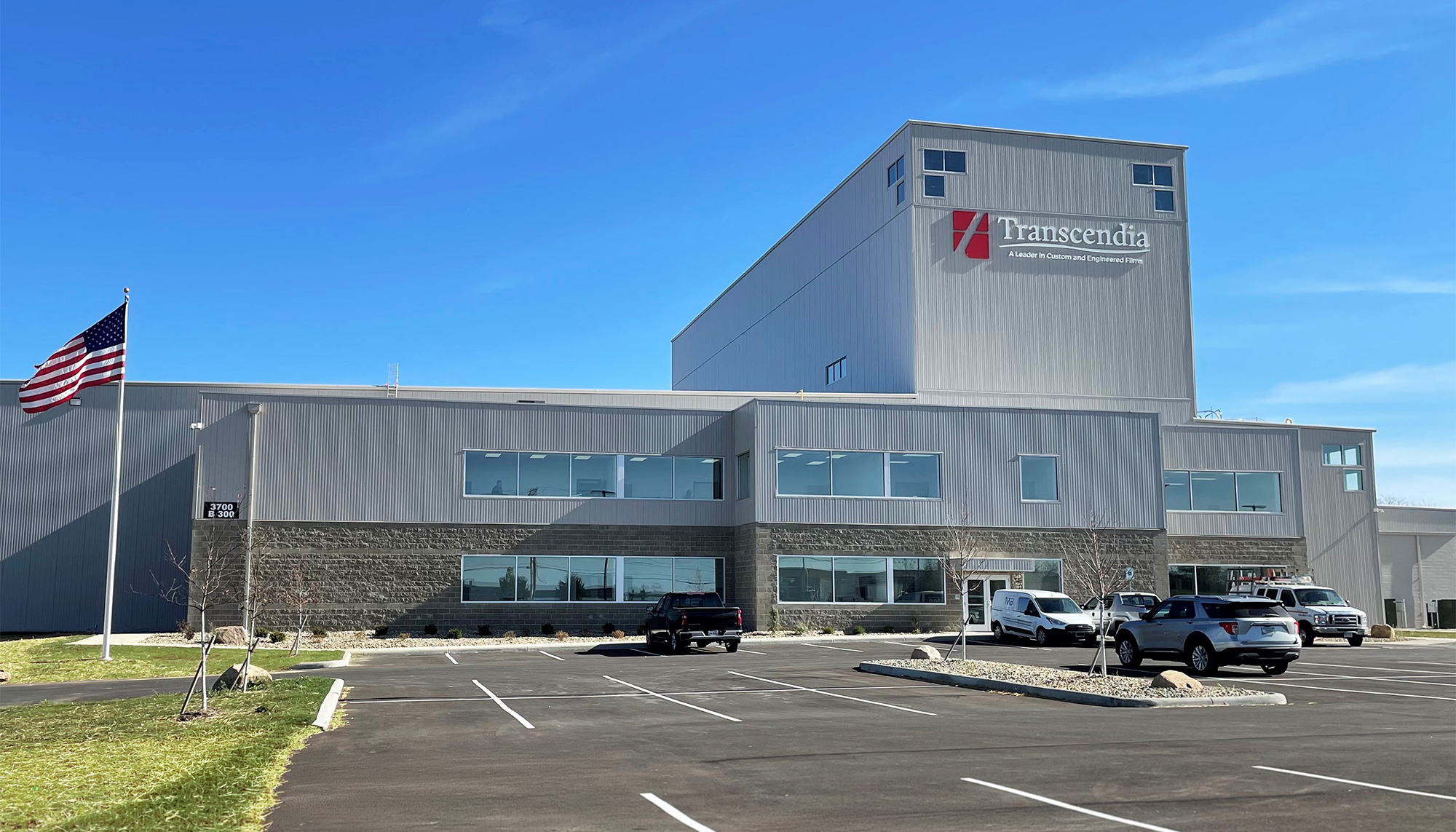 Front exterior view of the Transcendia manufacturing facility featuring integrated office, production and high-bay operational spaces designed to support specialized equipment, efficient workflows and long-term manufacturing growth.