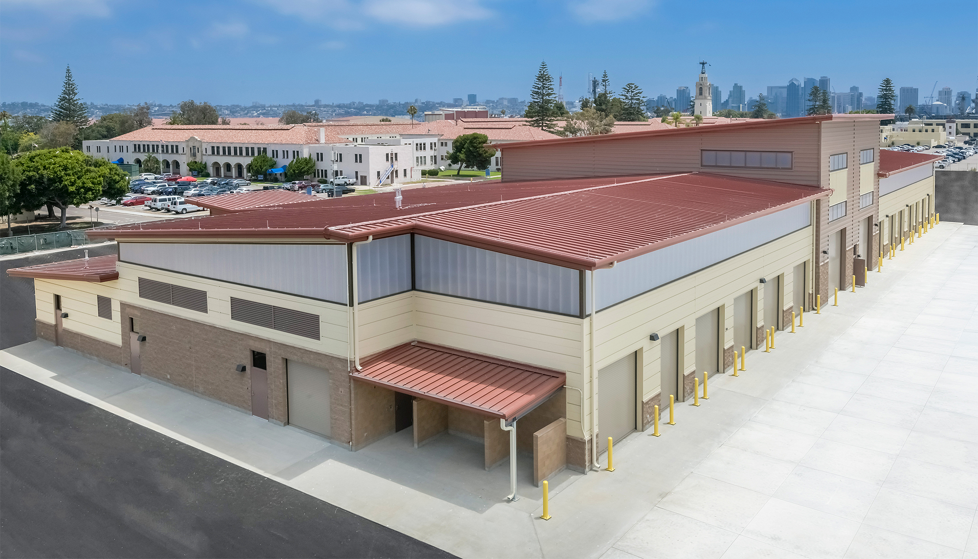 Aerial exterior view of the U.S. Navy Forklift Rework Facility featuring integrated repair bays, administrative space and a centralized operational layout designed to support equipment maintenance and workforce training.