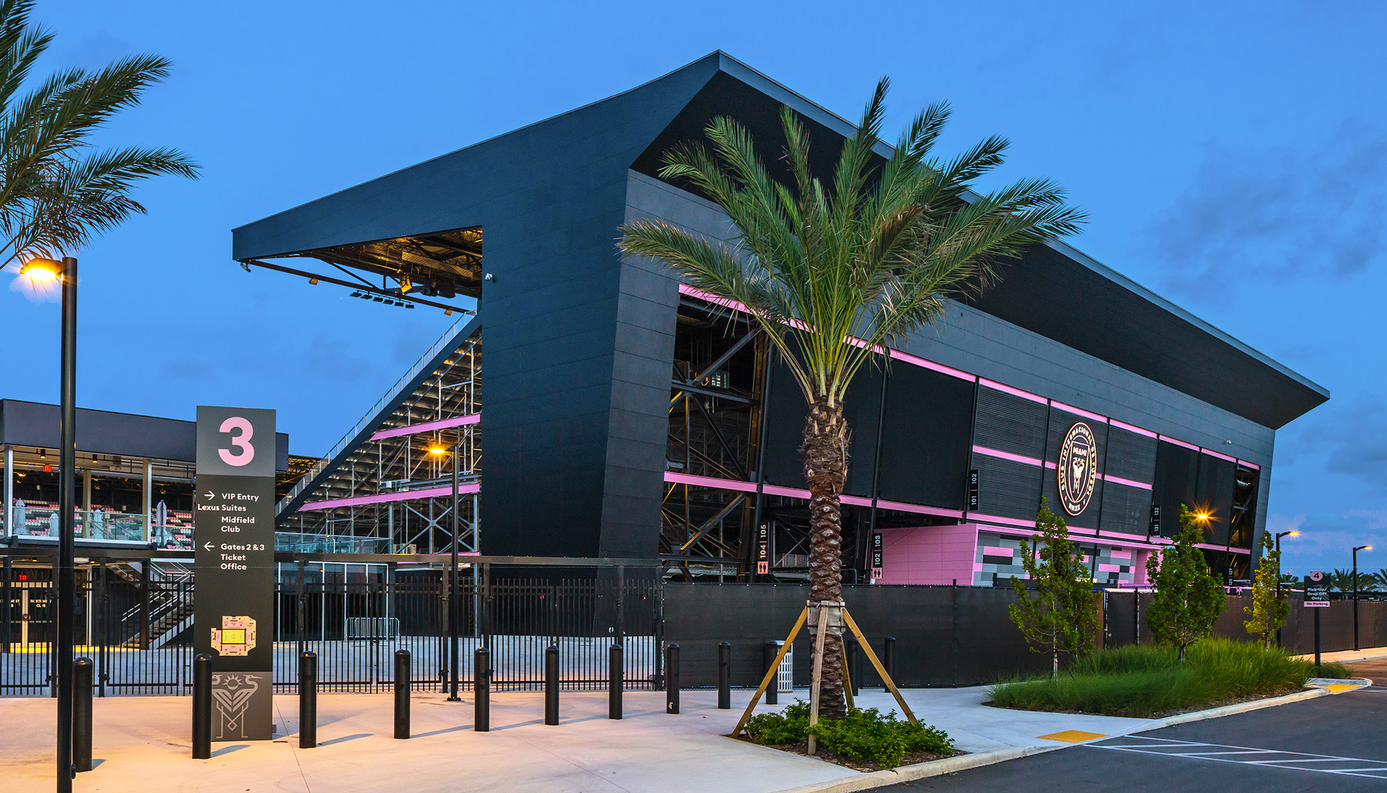 Inter Miami CF Training Facility with open-air training structure and steel building construction.