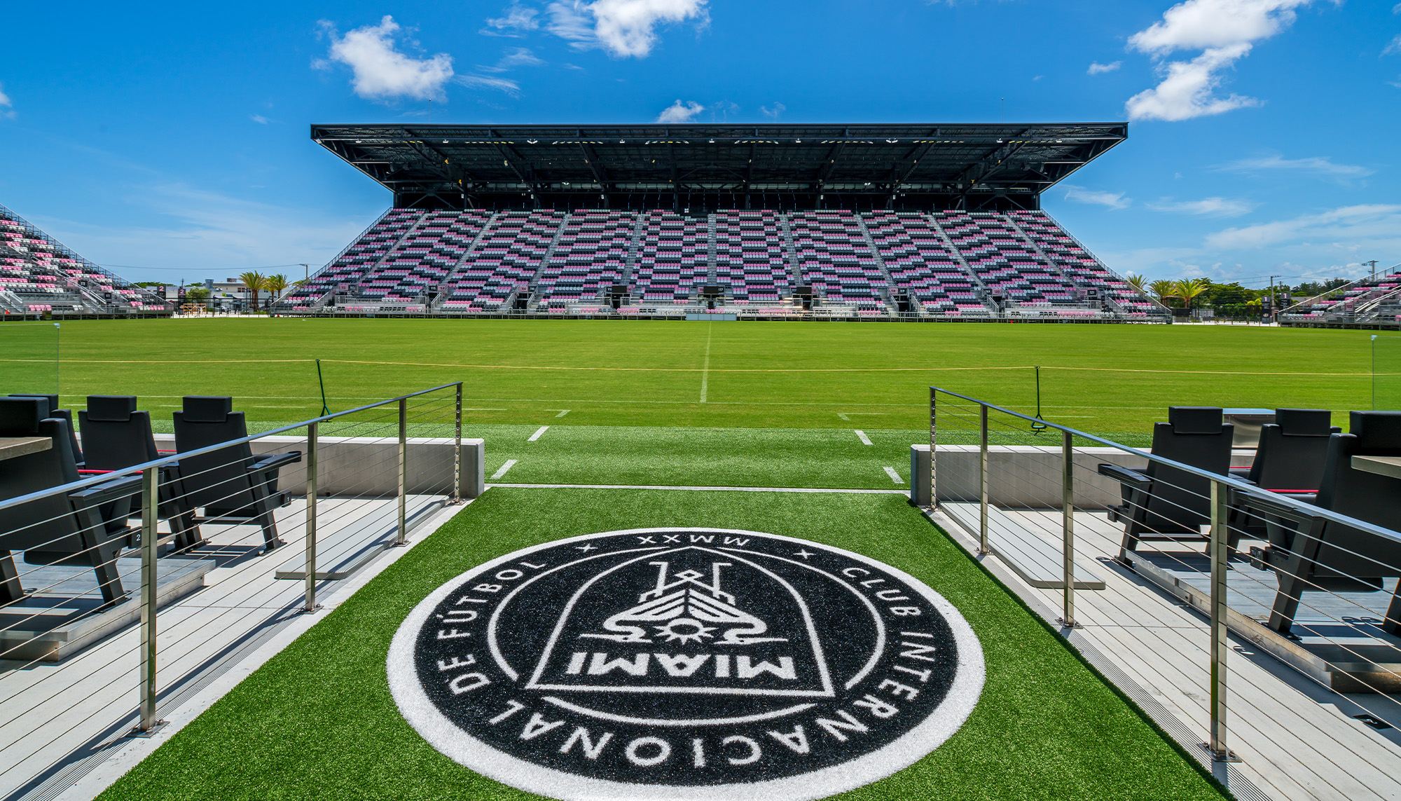 Inter Miami CF stadium featuring professional soccer pitch, spectator seating and large-span sports facility construction.