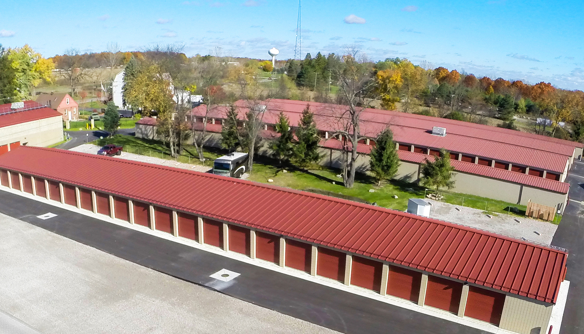 Aerial view of the Pirates Cove self-storage development featuring coordinated multi-building design, unified steel construction and durable operational environments developed to support efficient tenant access and long-term property performance.